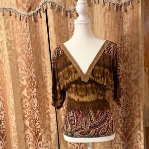 Chic Brown Paisley V-Neck Blouse